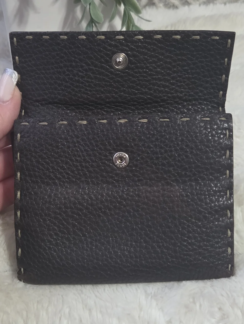 FENDI Dark Brown Selleria Grained Leather Bifold Wallet Saddle Stitch Vtg - Picture 3 of 16